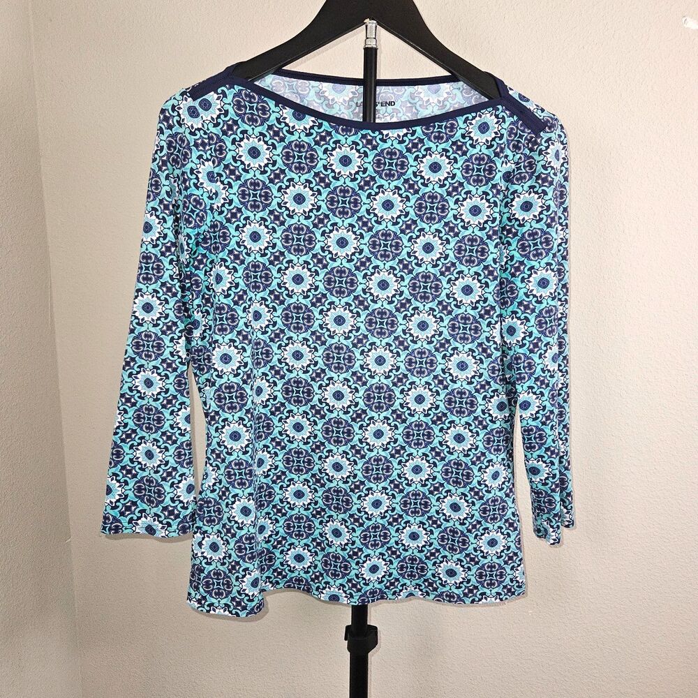 Lands' End XS Blue Mosaic Print Top 3/4 Sleeve Stretch Knit Womens 2-4‎